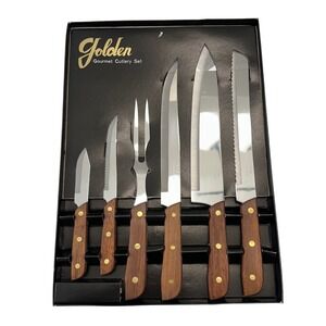 Vintage Golden‎ Gourmet Cutlery Set 6 Piece Carving Knife Fork Stainless Steel
